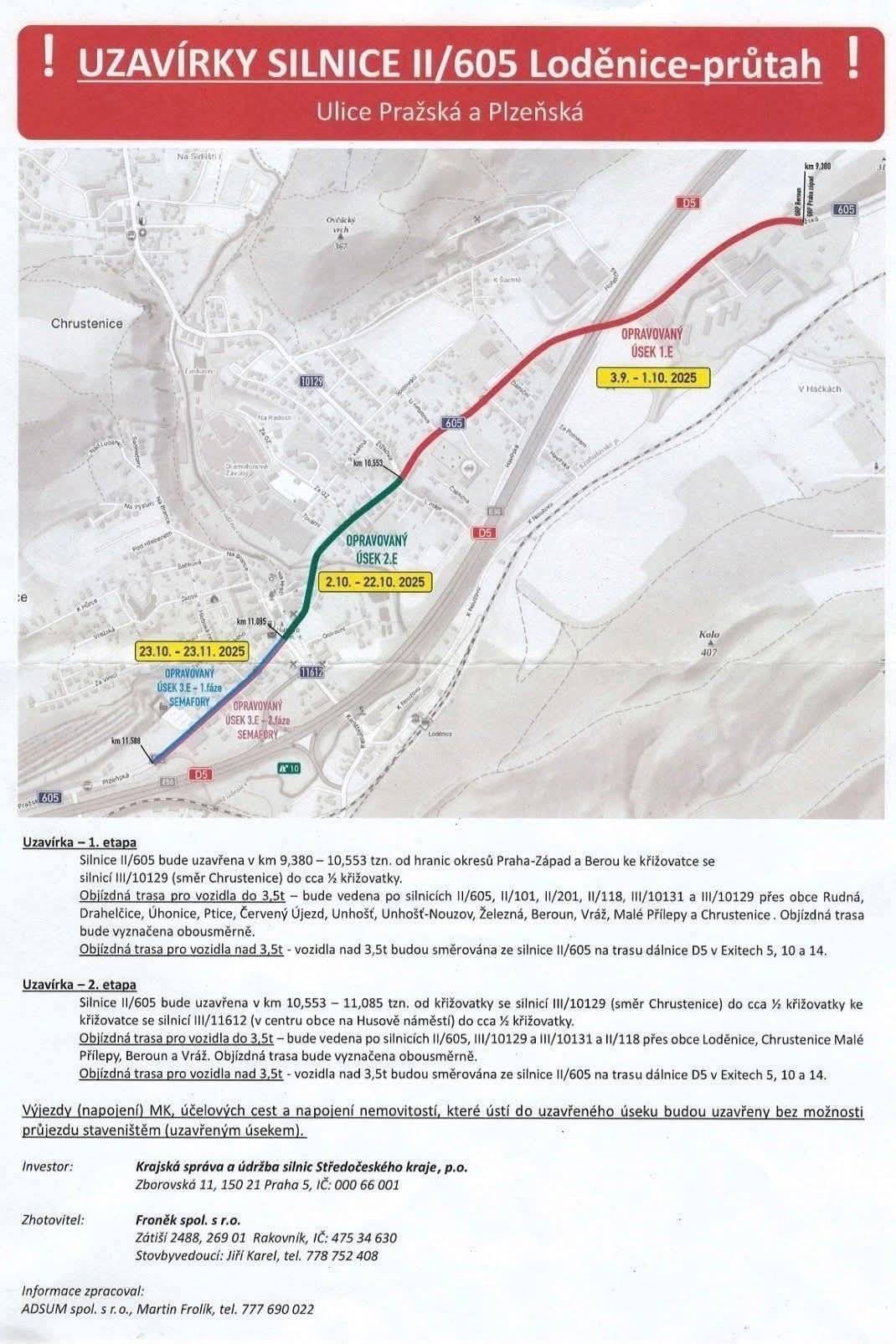 Termín první etapy uzavírky:  3. září - 1. října 2025 Silnice II/605 bude ÚPLNĚ OBOUSMĚRNĚ UZAVŘENA v úseku od začátku obce (od Prahy) po křižovatku se silnicí III/10129 (odbočka na Chrustenice). Pro občany a podnikatele v uzavřeném úseku jsou možné určité výjimky, ale běžný PRŮJEZD NEBUDE MOŽNÝ !!! Druhá etapa uzavírky:  2. - 22. října  2025  Silnice II/605 bude ÚPLNĚ OBOUSMĚRNĚ UZAVŘENA v úseku od odbočky na Chrustenice až k náměstí. Pro občany a podnikatele v uzavřeném úseku jsou možné určité výjimky, ale běžný PRŮJEZD NEBUDE MOŽNÝ !!! Třetí etapa uzavírky (částečná):  23. října - 23. listopadu  2025  Silnice II/605 bude JEDNOSMĚRNĚ UZAVŘENA v úseku od náměstí ke konci obce směrem na Vráž. Jednosměrný provoz bude řízen semafory.  Kontaktní osoby: Stavbyvedoucí (provozní záležitosti na stavbě): Jiří Karel, tel: 778 752 408 Koordinátor (obecné informace): Martin Frolík, tel: 777 690 022