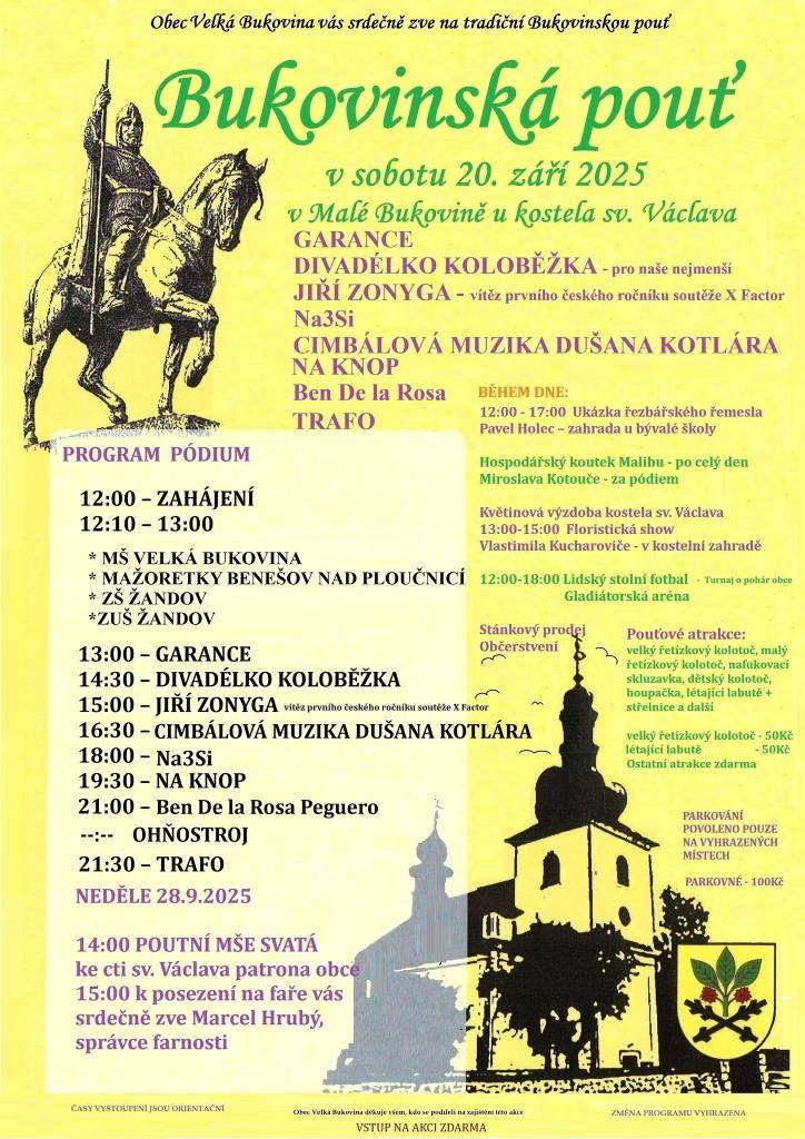 Srdečně vás zveme na pouť 20.9.2025 , program od 12.00 hod.