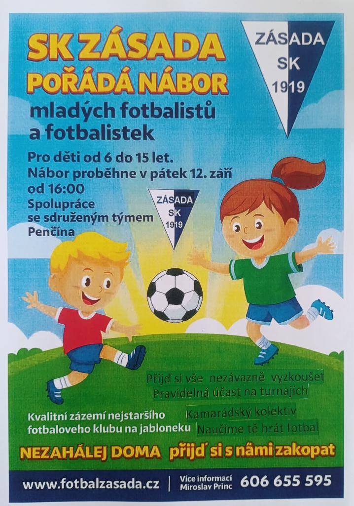 Zveme všechny děti ve věku od 6 do 15 let na nábor fotbalistů a fotbalistek, který se uskuteční v pátek 12. září od 16:00. Přijďte si vyzkoušet fotbal a zapojit se do našeho týmu!
