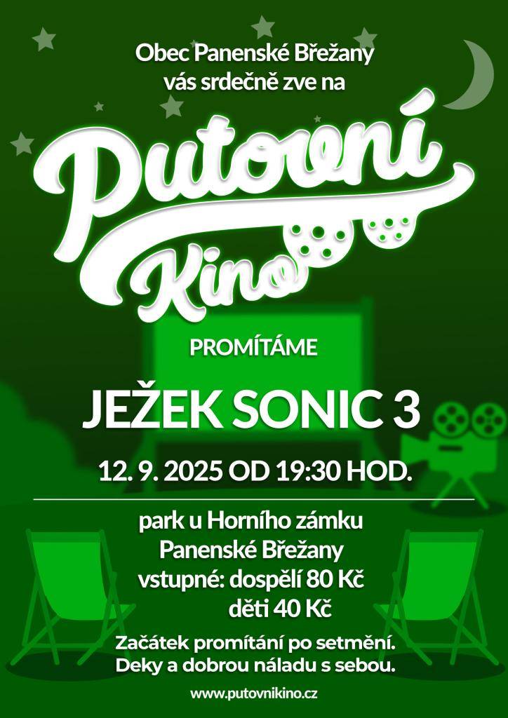 Břežanské filmové léto zakončíme v pátek 12.9. promítáním pod širým nebem pro dětské diváky. Na programu bude animák Ježek Sonic 3 a promítání bude zahájeno v 19.30 v zámeckém parku u kaple sv. Anny. Občerstvení zajistí Bistro Santini.