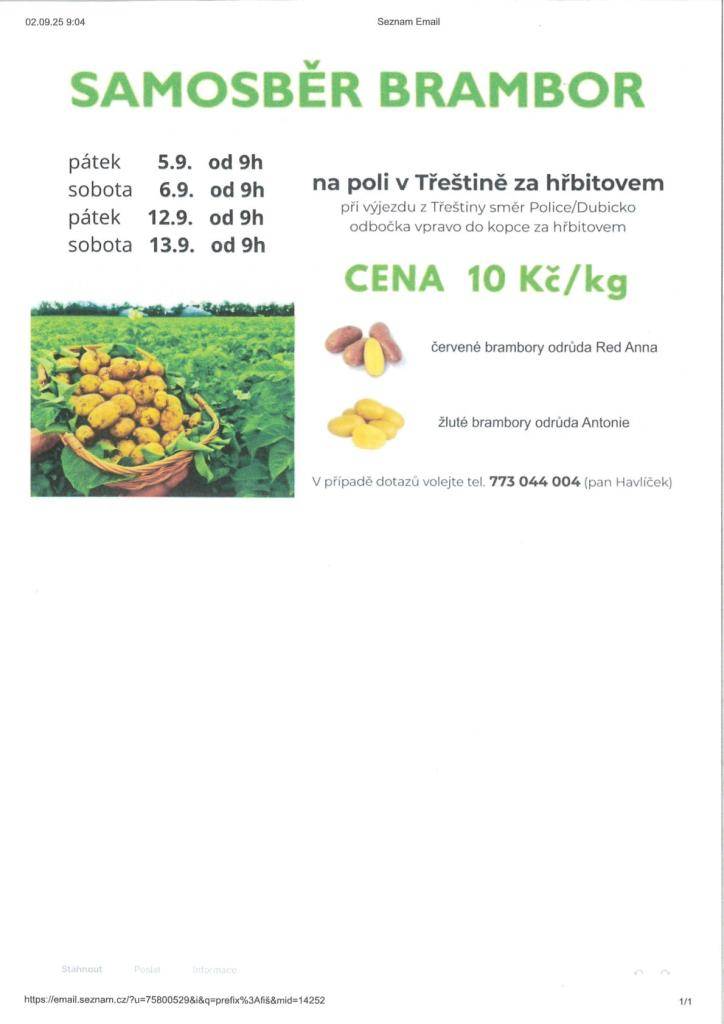 Obec Mírov informuje o možnosti samosběru brambor v obci Třeština.