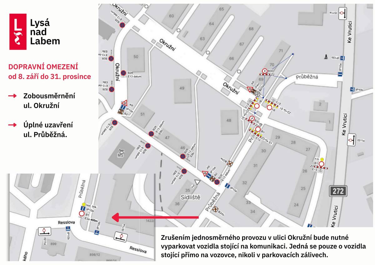 Téměř po roce prací na obnově přivaděče se celý projekt blíží ke konci a nás – především naše sousedy na sídlišti – čeká delší dopravní omezení. Od 8. září do konce roku bude ulice Okružní obousměrná a ulice Průběžná uzavřená.     Připomeňme si, proč se tato investice realizuje: V Okružní ulici na sídlišti je šest bytových domů (a areál sběrného dvora obě školky i autosalón Tichý) napojených na potrubí, ve kterém často dochází ke změně směru proudění vody v závislosti na množství vody ve vodojemu. V důsledku využívání potrubí pro obousměrné proudění (což nikde jinde ve městě není) se častěji uvolňují usazeniny, které zabarvují vodu. Toto trápení s rezavou vodou by však mělo být díky obnově přivaděče u konce.     Prosíme proto všechny o trpělivost s dopravním omezením, i když je mnohdy těžké až nereálné najít volné parkovací místo. Obousměrný provoz v ulici Okružní byl zvolen tak, aby zůstala zachována možnost parkování v zálivech a zároveň byl zajištěn příjezd ke školkám. Z tohoto důvodu je však nutné vyparkovat vozidla stojící přímo na vozovce (nikoli v parkovacích zálivech).     Zhotovitel se také snaží, aby uzavírka ulice Průběžná trvala co nejkratší dobu. Pokud to technické podmínky dovolí, bude průjezd ulicí umožněn – sledujte proto prosím aktuální dopravní značení a web města, kde budeme přinášet průběžné informace.   Doporučujeme proto využít k parkování: ulici ČSA, parkovací stání před hřbitovem a smuteční síní, ulici Škrétova. V době uzavírky ulice Průběžná bude již otevřena komunikace kolem MŠ Pampeliška, kde je také možné parkovat.
