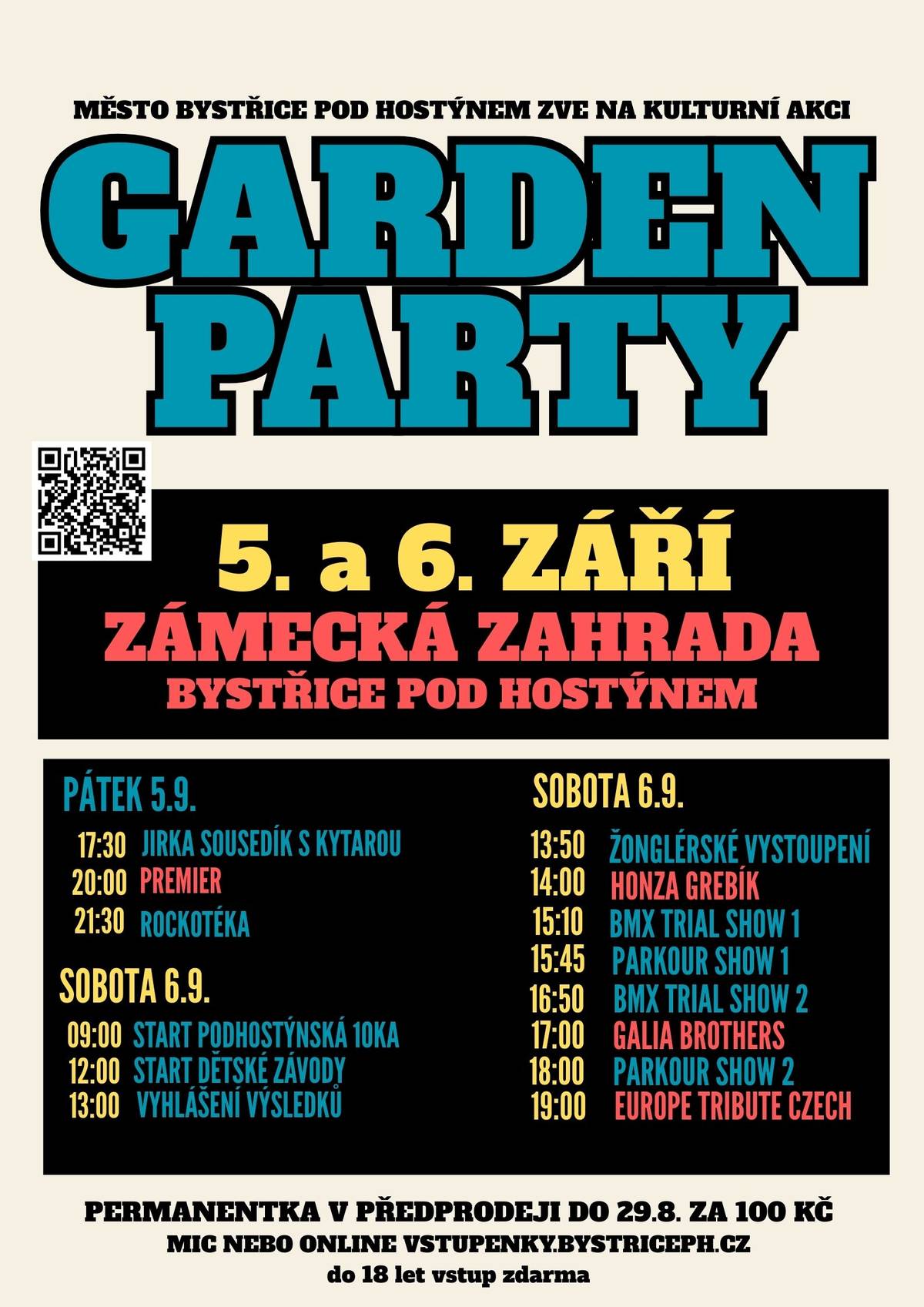 V sobotu 6. září se v Bystřici pod Hostýnem uskuteční 6. ročník běžeckého závodu Podhostýnská 10ka. Závodit se bude na 10kilometrové a  5kilometrové trase a poběží také děti. Závod pořádá město Bystřice pod Hostýnem ve spolupráci se spolkem Běhy Zlín.   Start obou hlavních krosových běhů je v areálu zámeckého parku, v 9.09 hodin. Kratší trasa vede směrem na Chvalčov a zpět. Na 10kilometrové okruhové trase se bude závodit mezi Bystřicí pod Hostýnem, Chvalčovem, Lázněmi a Bystřicí pod Hostýnem.      Prezence do hlavních závodů probíhá v zámku, v areálu konírny, od 7.39 do 8.39 hodin. Děti mají prezenci na stejném místě od 11.00 do 11.45 hodin. Startovné pro dospělé kategorie při online registraci předem je 300 Kč, na místě v den závodu 500 Kč. Děti při online registraci startovné neplatí, na místě v den závodu mají startovné 50 Kč.    V ceně startovného je mimo jiné čipové měření času, občerstvení na trati, voda, ionťák, ovoce v cíli, zdravotnické zabezpečení, pamětní medaile, věcné ceny pro tři nejlepší běžce v každé kategorii.   Vypsány jsou tyto hlavní kategorie: junioři do 18 let, juniorky do 18 let (obě do ročníku narození 2007), muži/ ženy do 30 let (2006–1995), muži/ženy do 40 let (1994–1985), muži/ženy do 50 let (1984–1975) a muži/ženy nad 50 let (1974 a starší).  Děti budou závodit v těchto kategoriích: 4 roky a mladší (2021 a mladší), 5–7 let (2020–2018), 8–10 let (2017–2015), 11–13 let (2014–2012) a 14–16 let (2011–2009).   V loňském roce v Podhostýnské 10ce prvenství v hlavním závodě dlouhém 10 kilometrů mezi muži vybojoval Andrej Višněvský ze Zlína (Fyzio Step, 37:29). Mezi ženami zvítězila reprezentantka AK Emila Zátopka Kopřivnice Dana Valová, jež se blýskla časem 47:19.     Závod dlouhý 5 kilometrů vyhrál Jiří Flašar (Biatlon Halenkovice, 19:30). Mezi ženami na stejné trase doběhla na první příčce rovněž reprezentantka Biatlonu Halenkovice Elen Kaňová, jež závod ovládla v čase 25:47.   Letošní Podhostýnská 10ka je součástí akce Garden party 2025, která začíná už v pátek 5. září v areálu zámku a zámecké zahradě. Chybět při ní nebudou ani hudební vystoupení. Hlavní hvězdou pátečního večera bude od 20 hodin kapela Premiér, ve 21.30 hodin je na programu Rockotéka s Martinem Mrázem. Garden party bude pokračovat i v sobotu 6. září.      PROGRAM 3. ROČNÍKU PODHOSTÝNSKÉ 10ky    Sobota 6. září 7:39 – 8:39 Prezence běžců do závodu na 5 kilometrů a 10 kilometrů 9:09 – Start 10 kilometrového závodu a 5 kilometrového závodu 11:00–11:45 Prezence do dětských závodů 12:00 Závod dětí 4 roky a mladší, 60 metrů 12:05 Závod dětí 5–7 let, 200 metrů 12:15 Závod dětí 8–10 let, 400 metrů 12:25 Závod dětí 11–13 let, 600 metrů 12.35 Závod dětí 14–16 let, 600 metrů 13:00 Vyhlášení výsledků    PROGRAM GARDEN PARTY   Pátek 5. září 20:00 Kapela Premier 21:30 Rockotéka s Martinem Mrázem   Sobota 6. září 13:50 Žonglérské vystoupení 10:00 Honza Grebík 15:10 BMX Trial show 1 15:45 Parkour Show 1 16:50 BMX Trial show 2 17:00 Kapela Galia Brothers 18:00 Parkour Show 2 19:00 Kapela Europe Tribute
