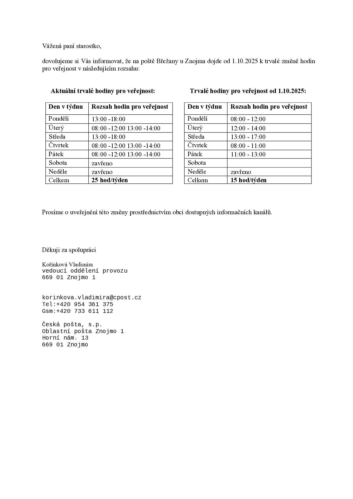 Nová otevírací doba pošty v Břežanech, která bude platná od 1.10.2025. Telefonní číslo: +420 954 267 165.