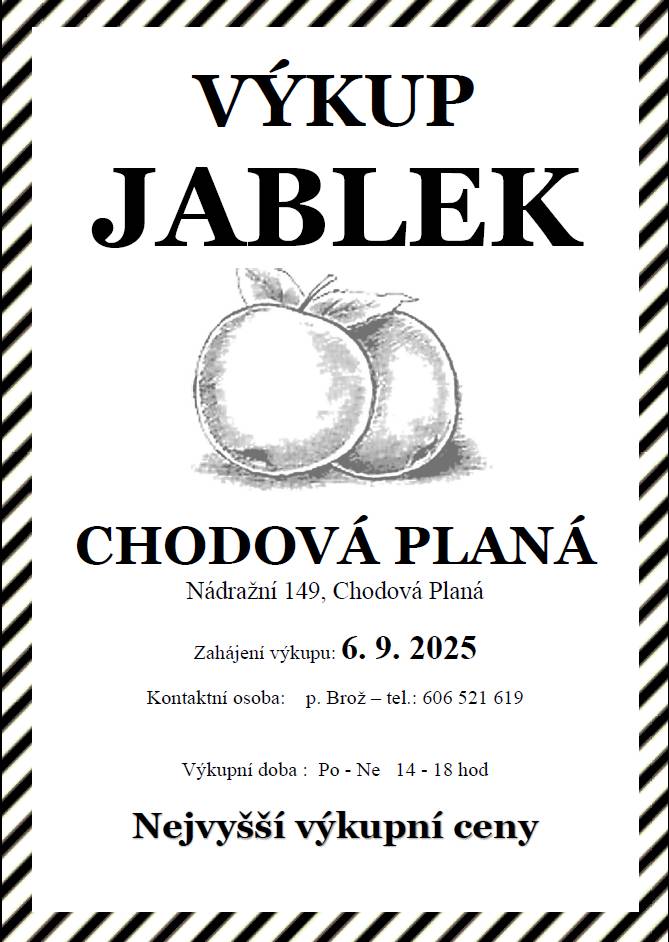 V Chodové Plané zahajujeme výkup jablek od 6. září 2025. Výkup bude probíhat každý den od 14 do 18 hodin.