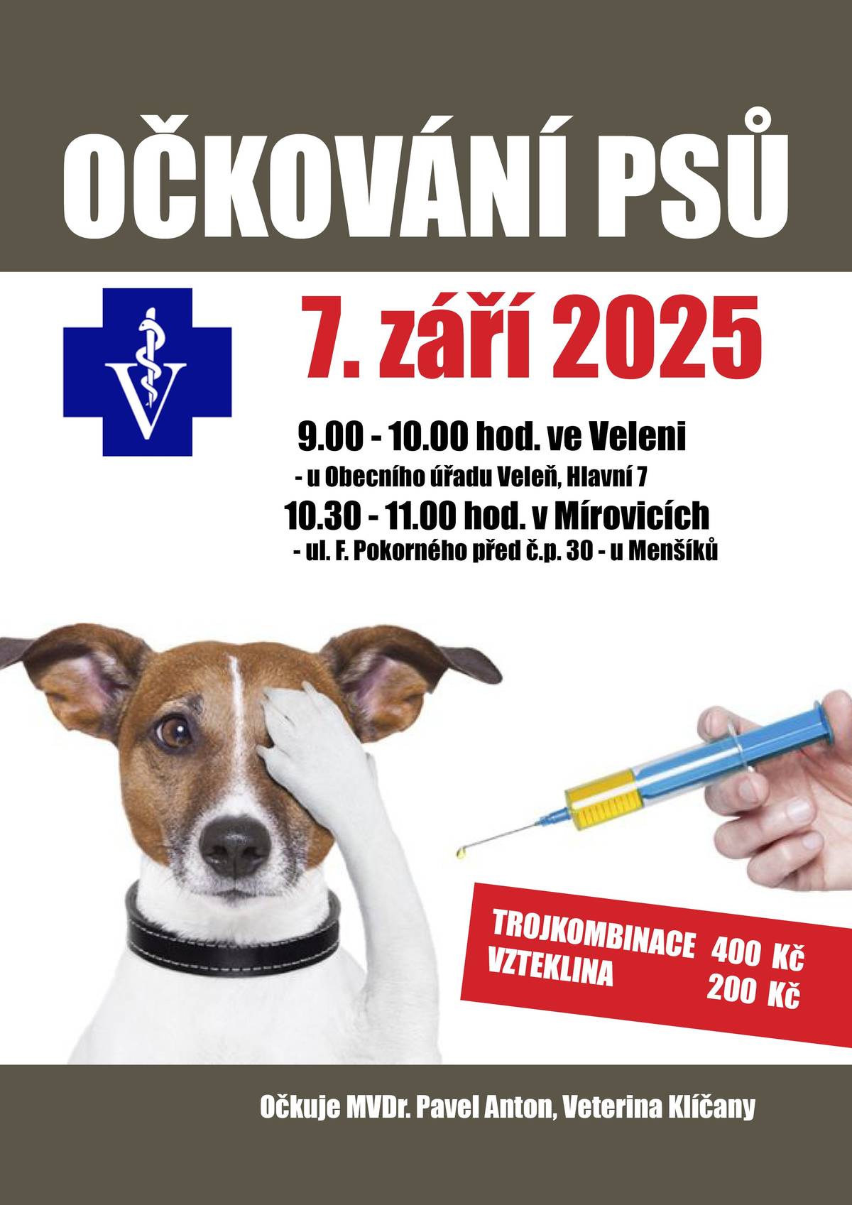 Vážení občané,  OČKOVÁNÍ PSŮ SE KONÁ V NEDĚLI DNE 7.09.2025 OD 9:00 HOD - 10:00 HOD NA PARKOVIŠTI OÚ VELEŇ.  POZOR ZMĚNA: V MÍROVICÍCH - UL.F.POKORNÉHO PŘED č.p.30 - u Menšíků     OD 10:30 hod DO 11:00 hod   Komplet očkování 400,-Kč  Pouze vzteklina 200,-Kč https://www.velen.cz/zivot-v-obci/kalendar-akci