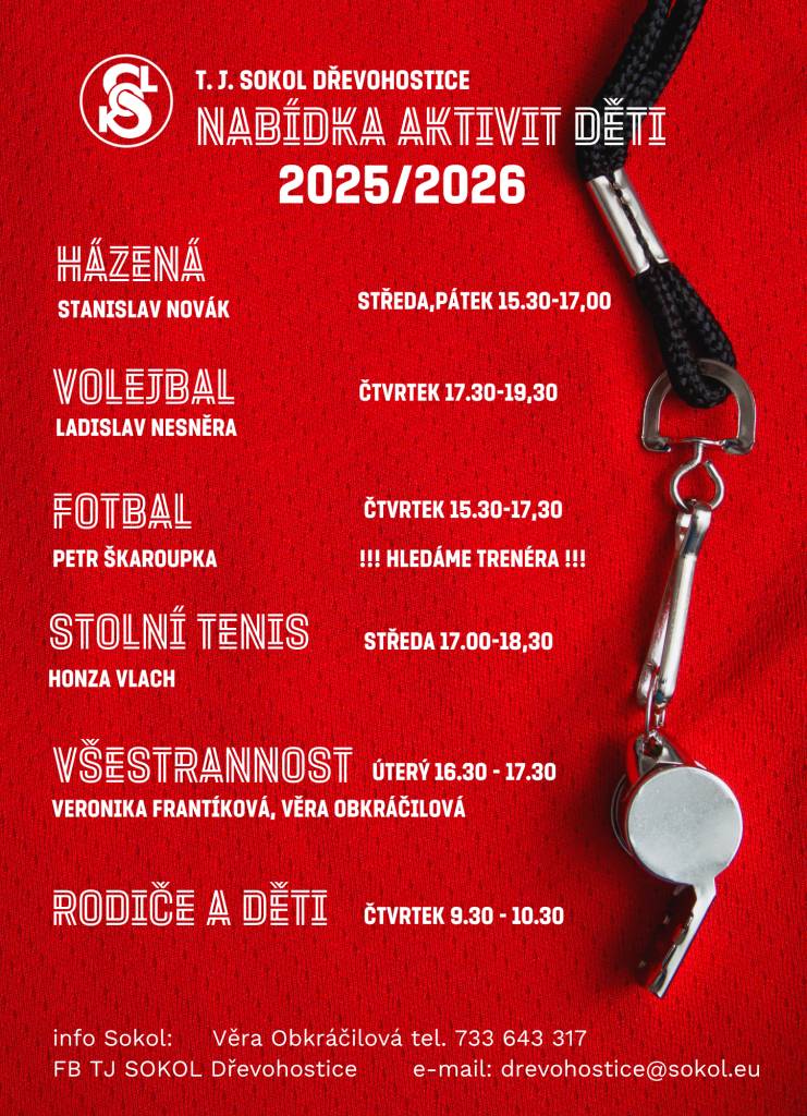 T.J. Sokol nabízí hned několik sportovních kroužků pro aktivní trávení volného času našich dětí. Podrobnosti najdete na přiložených letáčcích.