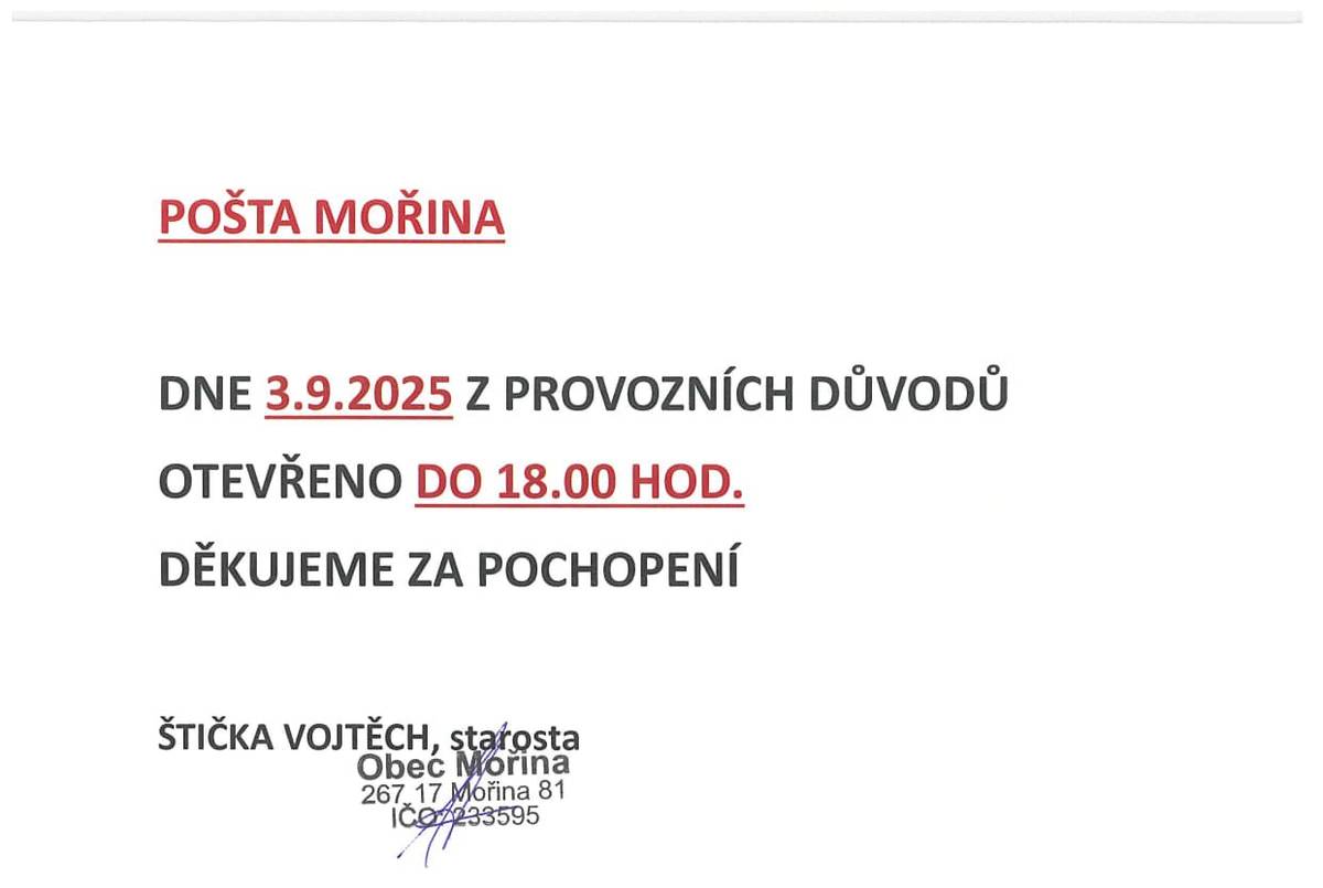 Dne 3.9.2025 z provozních důvodů otevřeno do 18:00 hodin.
