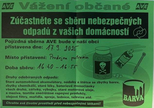 Vážení spoluobčané ve středu 17.9.2025 v čase od 16:40 do 16:55 bude probíhat u prodejny potravin sběr nebezpečného odpadu. Odpad vozte na místo v čase sběru. Děkujeme