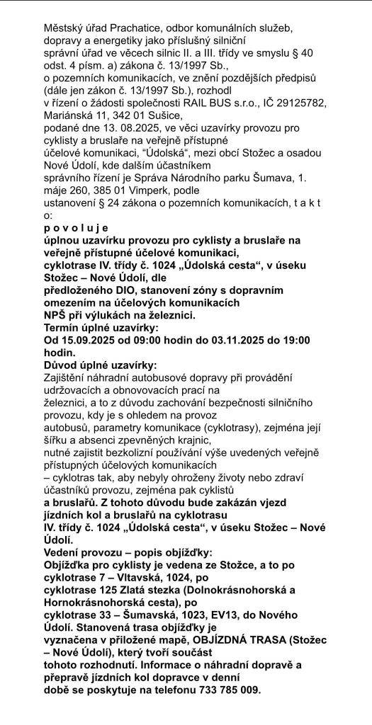 Uzavírka provozu pro cyklisty a bruslaře Stožec- Nové Údolí