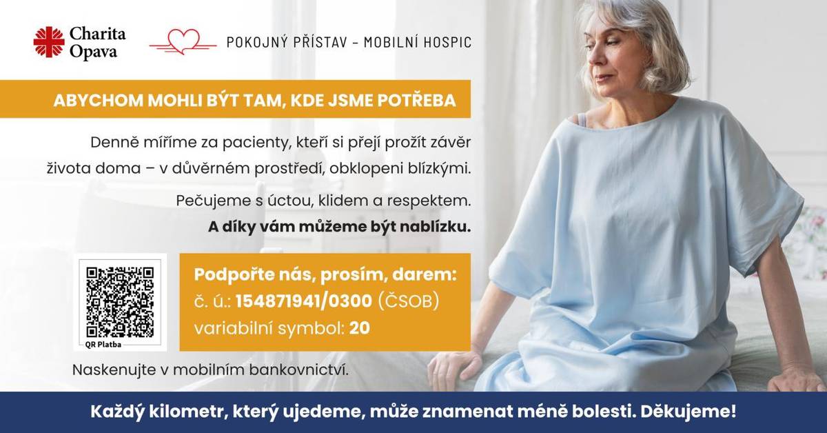 Mobilní hospic Pokojný přístav poskytuje odbornou paliativní péči pacientům v závěru života přímo v jejich domovech – a to i na území Vaší obce. Abychom mohli tuto službu zachovat, potřebujeme také podporu dárců.