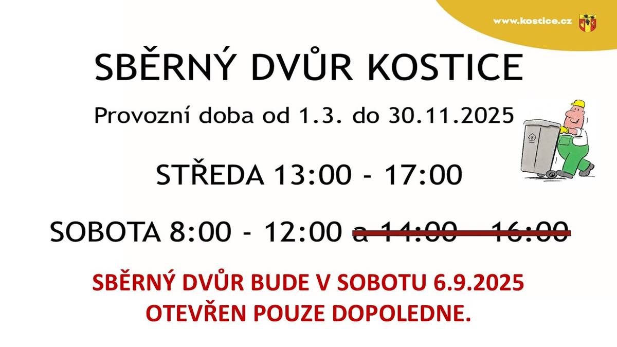 Upozorňujeme občany na změnu provozní doby na sběrném dvoře - v sobotu 6.9.2025 bude otevřen pouze dopoledne. Děkujeme za pochopení.