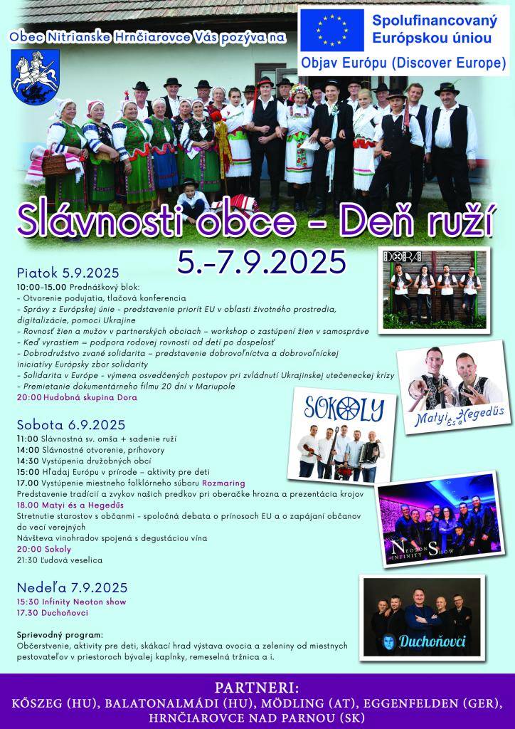 Obec Nitrianske Hrnčiarovce Vás srdečne pozýva na   Slávnosti obce Deň ruží dňa 6. septembra 2025.