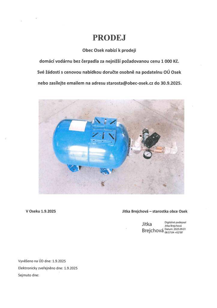 Obec Osek nabízí k prodeji domácí vodárnu.