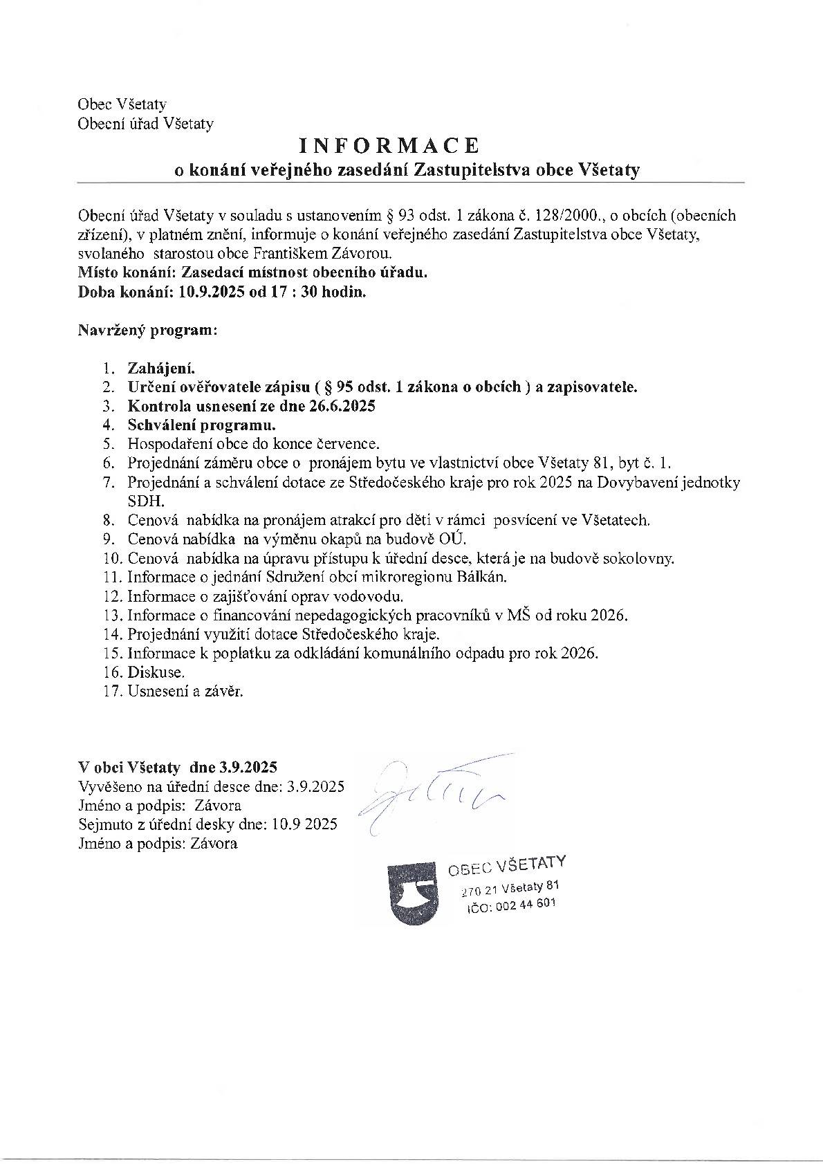 Zasedání zastupitelstva dne 3.9.2025