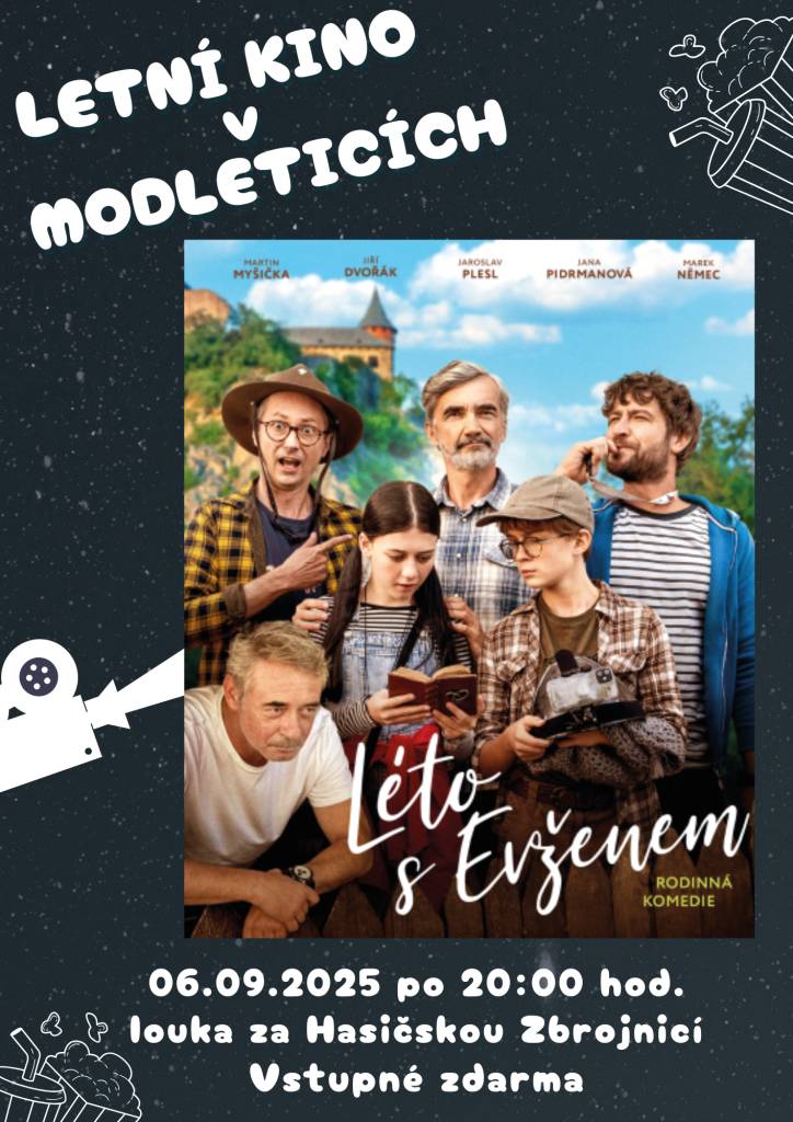 Obec Modletice Vás srdečně zve na náhradní termín letního kina, konat se bude v sobotu 06.09.2025 u Hasičské zbrojnice.  Promítat se bude film "Léto s Evženem"  Začátek promítání po setmění, cca po 20:00 hodin.  Více o filmu a ukázka níže.