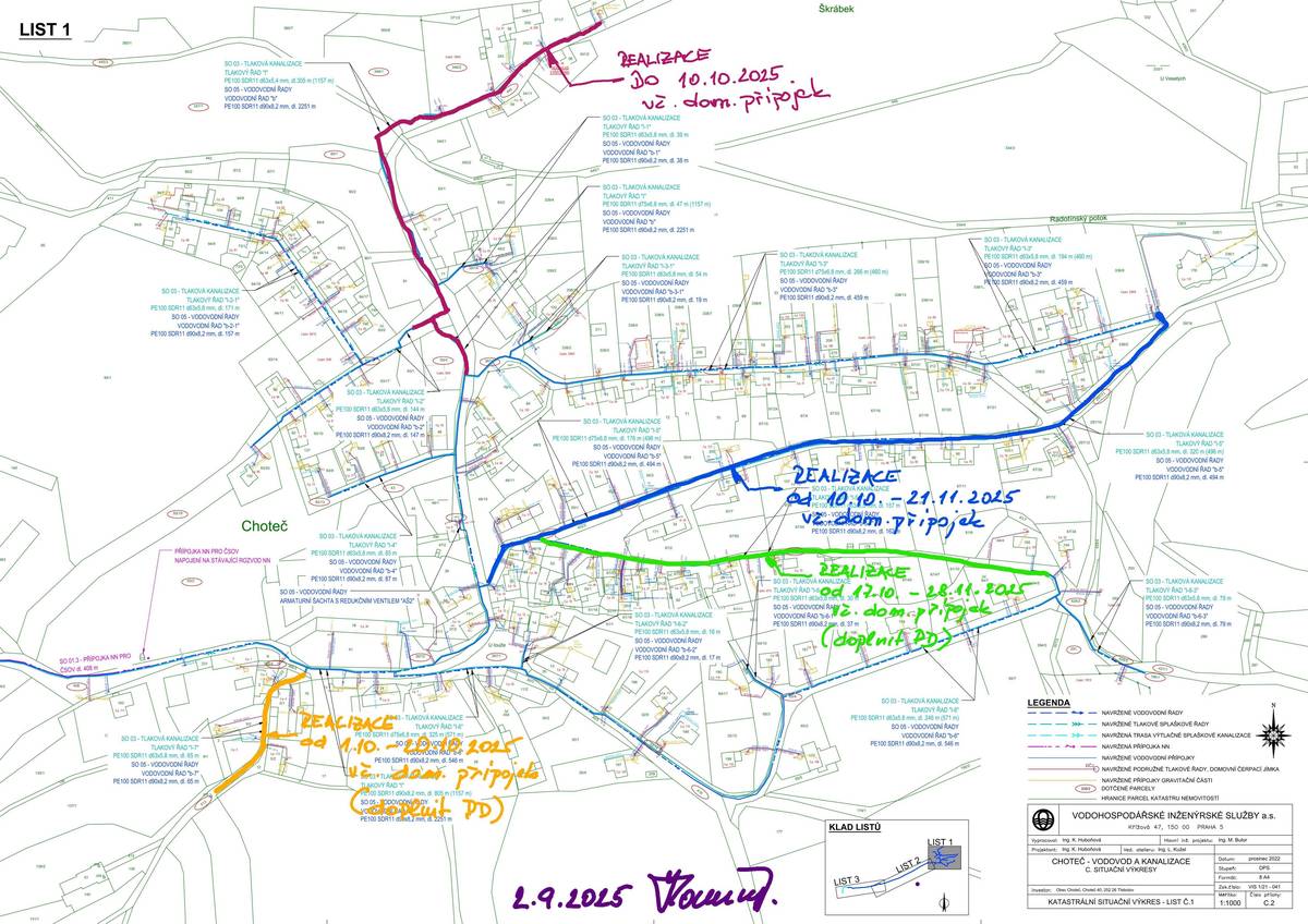 Vážení spoluobčané, zde v příloze příspěvku přikládáme Harmonogram stavby VaK až do konce roku 2025. Je z něho patrný plán zhotovitele stavby do konce listopadu dokončit hlavní řady v obci včetně přípojek. Na jaře 2026 budou dokončeny technologické objekty VDJ, ČSOV včetně vystrojení. V poslední fázi stavby se budeme věnovat opravě asfaltových krytů místních komunikací. Děkujeme za pochopení a vaší trpělivost. Martin Bek, starosta