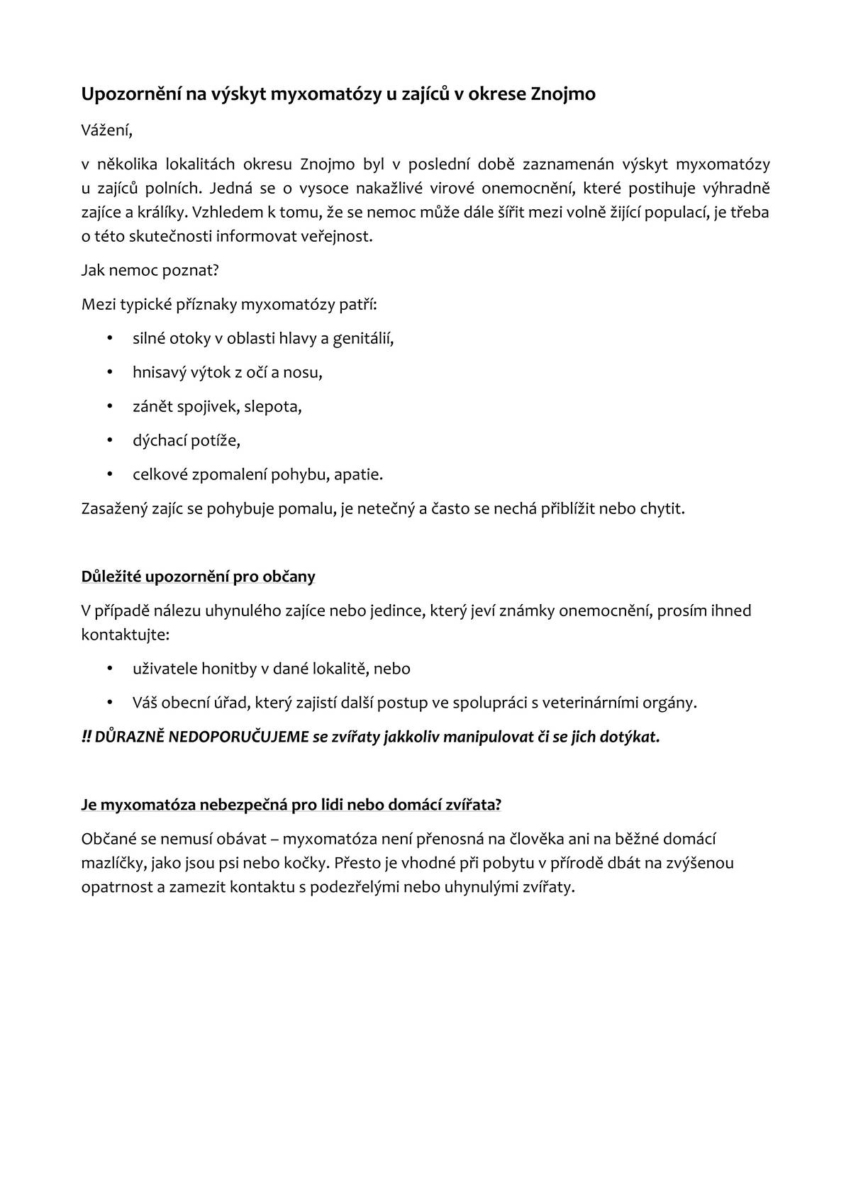 Upozornění na výskyt myxomatózy u zajíců v okrese Znojmo