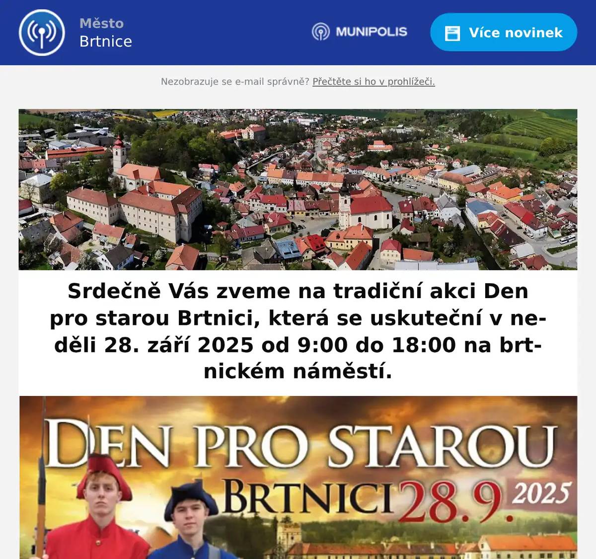 Srdečně Vás zveme na tradiční akci Den pro starou Brtnici, která se uskuteční v neděli 28. září 2025 od 9:00 do 18:00 na brtnickém náměstí.