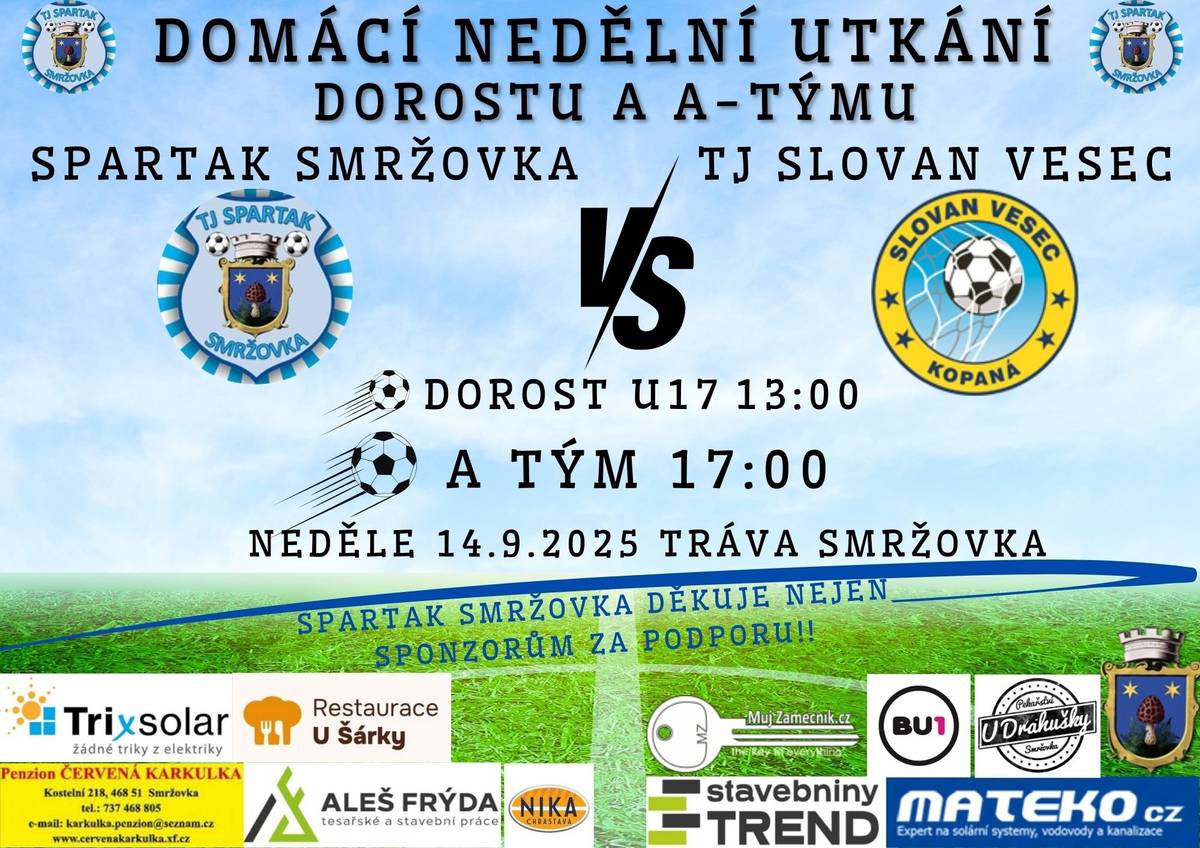Fotbalové fanoušky zveme v neděli 14. 9 na 2 utkání: od 13 hodin dorost U17 a TJ Slovan Vesec a od 17 hodin A tým a TJ Slovan Vesec na hřišti ve Sportovní ulici.