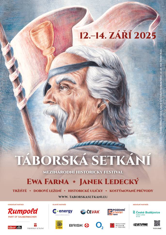 Pozvánka na 33. ročník mezinárodního historického festivalu Táborská setkání 2025 ve dnech 12. - 14. září. Celý program naleznete na www.taborskasetkani.eu