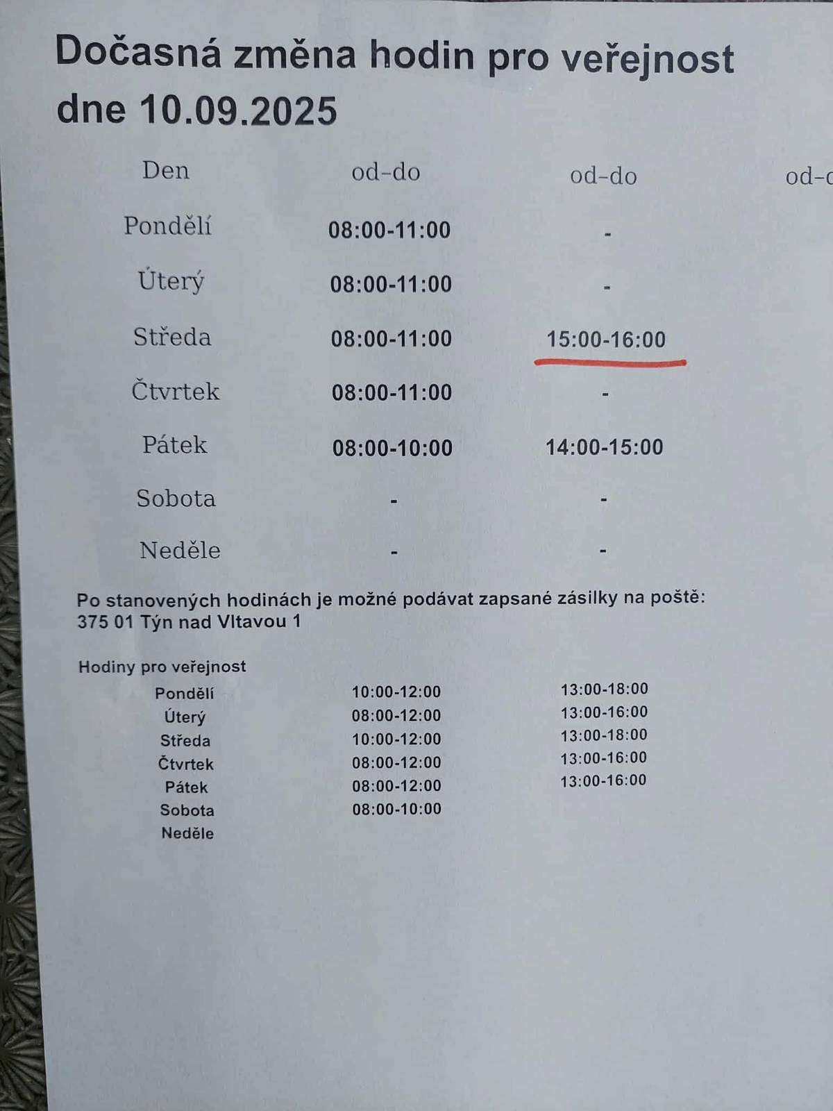 10.9. 2025 bude mít pobočka České pošty v Chrášťanech otevřeno odpoledne od 15:00 - 16:00 hod. Děkujeme za pochopení.