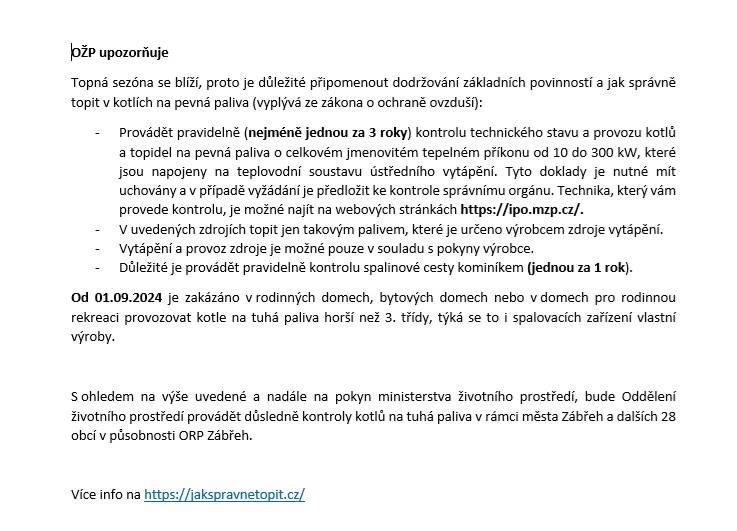Topná sezóna se blíží, proto je důležité připomenout dodržování základních povinností a jak správně topit v kotlích na pevná paliva
