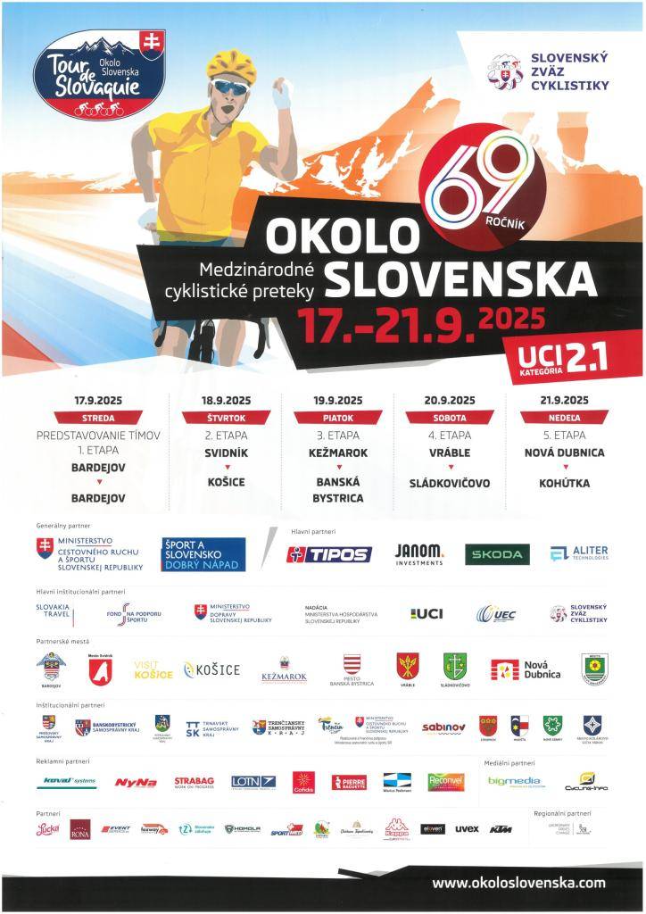 V dňoch 17. - 21. 09. 2025 sa uskutočnia medzinárodné cyklistické preteky okolo Slovenska. Cez obec Klenovec bude prechádzať cyklistický pelotón dňa 19. 09. 2025 okolo 12:00 hod..