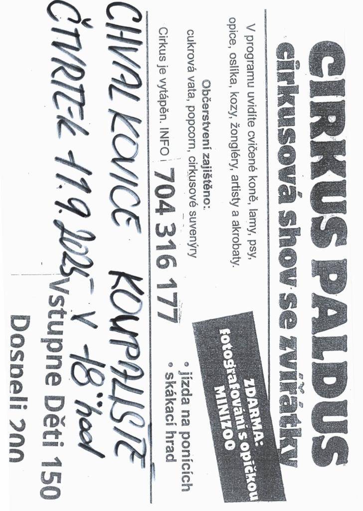 Cirkus Paldus čtvrtek 11.9.2025 na koupališti ve Chvalkovicích od 18:00hod