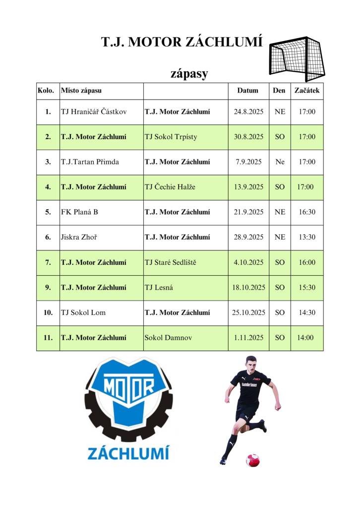 Fotbalový klub T.J. Motor Záchlumí vstoupil do podzimní sezóny 2025! Podívejte se na rozpis zbývajících zápasů a přijďte podpořit náš tým na domácí hřiště. Společně vytvoříme tu pravou fotbalovou atmosféru!