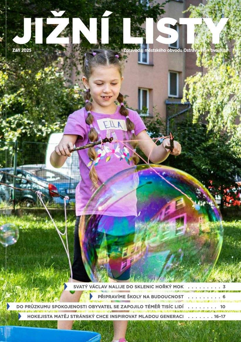 Co v nich najdete? ✔ Nejstarší seniorka Ostravy-Jihu, Ludmila Hlisníkovská, oslavila sto třetí narozeniny (oprava tištěné verze novin) ✔ Technické služby staví deset let od svého založení. ✔ Svatováclavské pivní slavnosti se blíží, nabídne i charitativní čepování. ✔ Podchod Hulvácká bude bezbariérový, práce skončí v listopadu a vyžádají si 17 milionů korun. ✔ Téměř osmdesát nových stromů, bezmála dvě stě keřů a přes dvě stovky trvalek vysadí obvod mezi ulicemi Mjr. Nováka a Krestova. ✔ Místostarosta Radim Ivan má dlouhodobou vizi moderních, bezpečných a efektivních škol, kde se děti cítí dobře a učí se připravovat na rychle se měnící svět. ✔ Volby do Poslanecké sněmovny Parlamentu České republiky se konají 3. a 4. října ✔ Nová zubní ordinace zahájila provoz v G-Centru ✔ Přáním hokejisty, majitele titulu české extraligy a titulu mistra světa, Matěje Stránského je inspirovat mladou generaci k tomu, aby měla odvahu jít za svými sny. ✔ Nechybí pozvánky na akce, křížovky a mnoho dalšího. Přečíst si Jižní listy můžete na: https://ovajih.ostrava.cz/cs/o-jihu/jizni-listy/rocnik-2025 Pokud bydlíte na Jihu a nové vydání Jižních listů nebudete mít ve schránkách do 10. září, prosíme o upozornění na redakční e-mail: jizni.listy@ovajih.cz, ať můžeme u distributora zajistit nápravu. Reklamovat je možné i osobně, prostřednictvím webové adresy: reklamace.regvyd.cz/jizni-listy.
