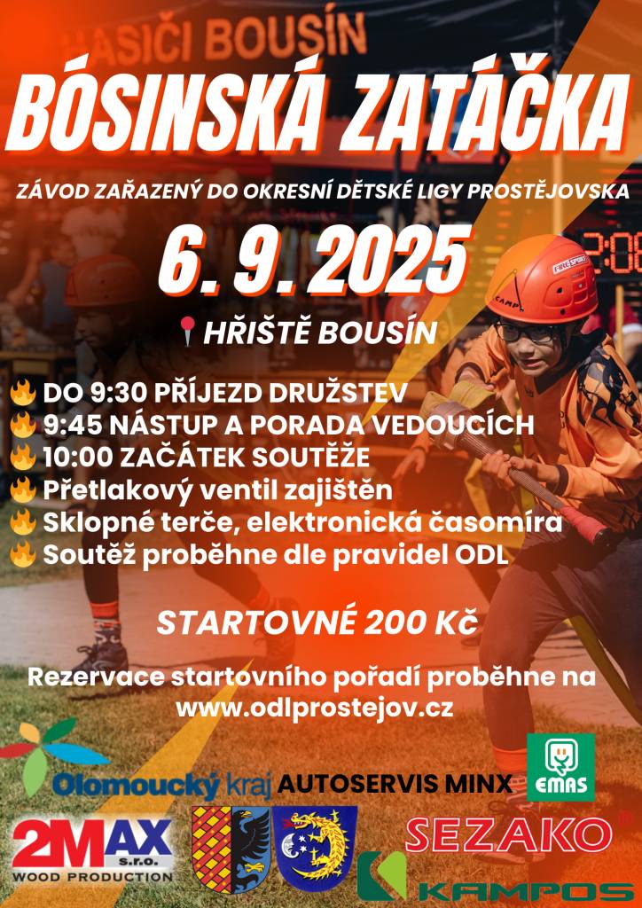 Zveme vás na závod v hasičském útoku, který se koná 6. září od 9.00 na hřišti v Bousíně. Přijďte podpořit mladé hasiče a užít si sportovní odpoledne plné zábavy.