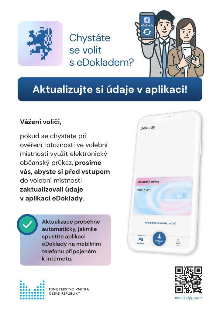 Vážení voliči, pokud plánujete při ověřování totožnosti ve volební místnosti využít elektronický občanský průkaz, nezapomeňte si před vstupem zaktualizovat údaje v aplikaci eDoklady.