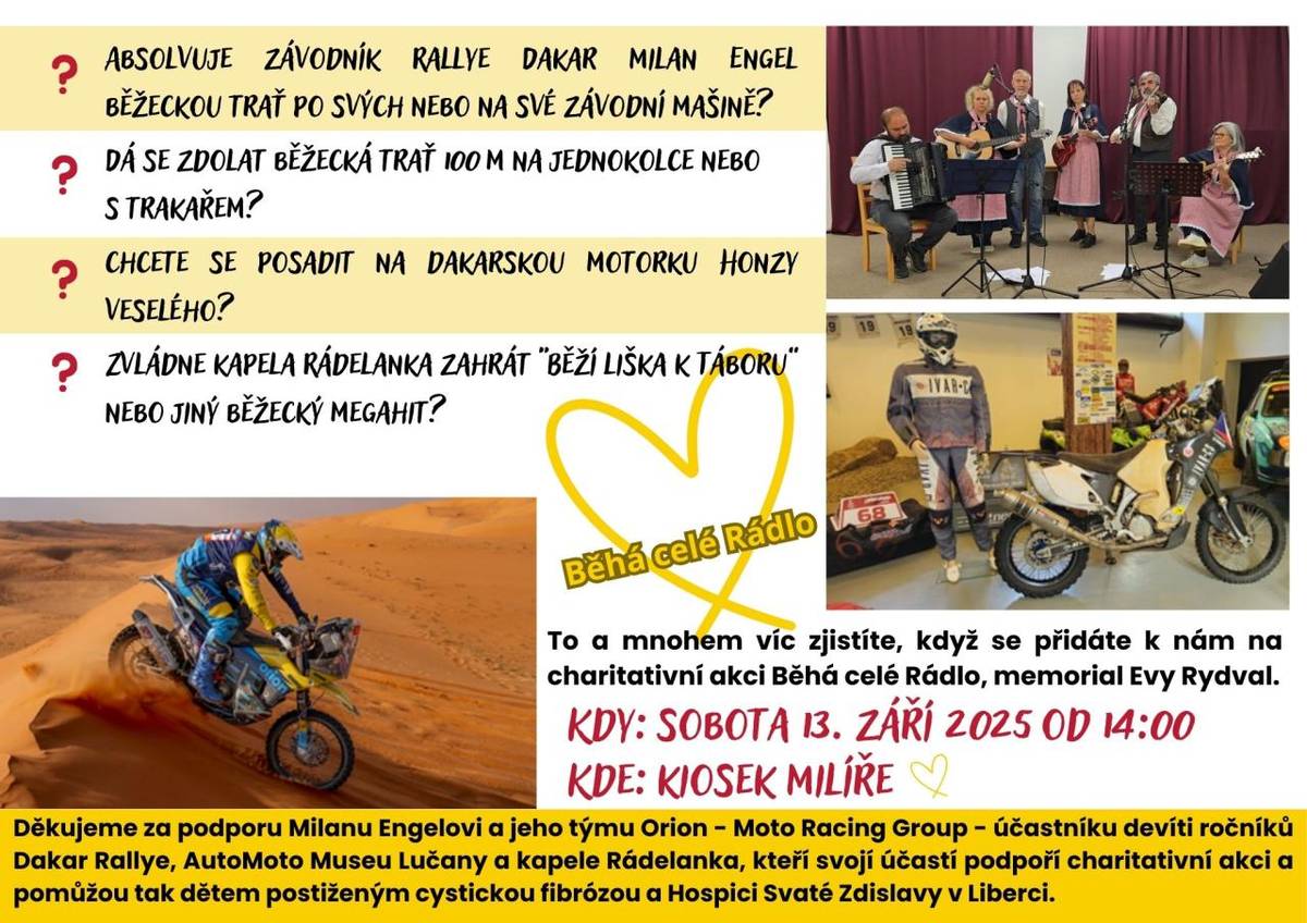 Připomínáme, že v sobotu 13. září 2025 od 14:00 u kiosku Milíře startuje charitativní akce Běhá celé Rádlo – memoriál Evy Rydval.