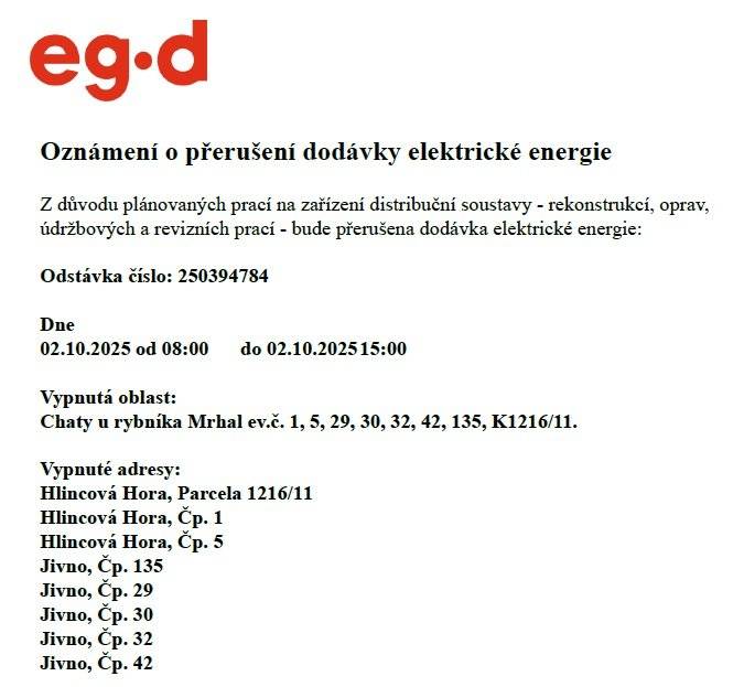 Z důvodu plánovaných prací na zařízení distribuční soustavy