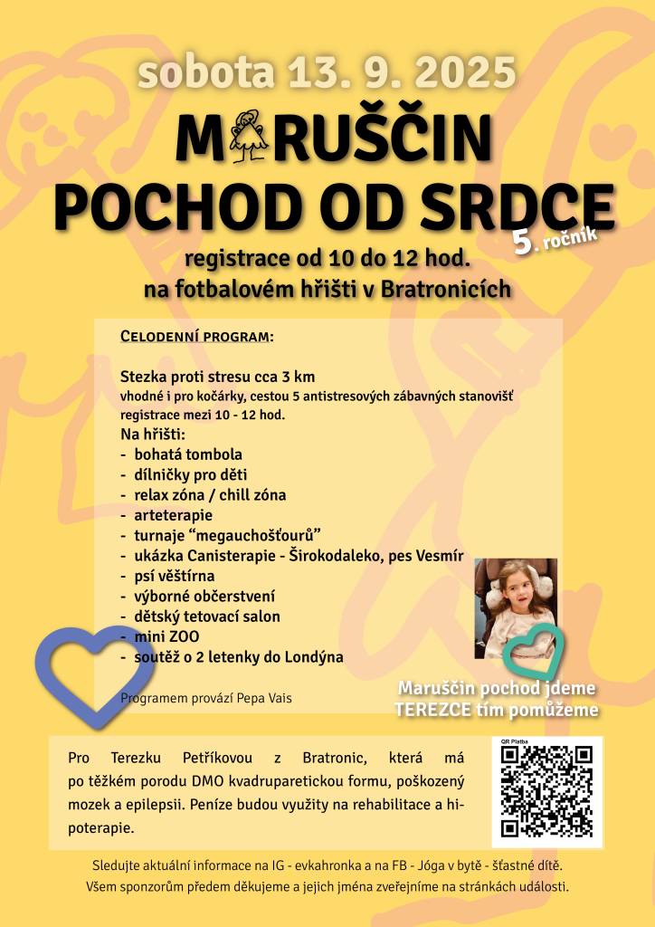 Zveme vás na Pochod od srdce, který se koná na fotbalovém hřišti v Bratronicích. Celodenní program zahrnuje stezku proti stresu, zábavné aktivity pro děti a bohatou tombolu, vše ve prospěch Terky Petříkové a její rehabilitace.