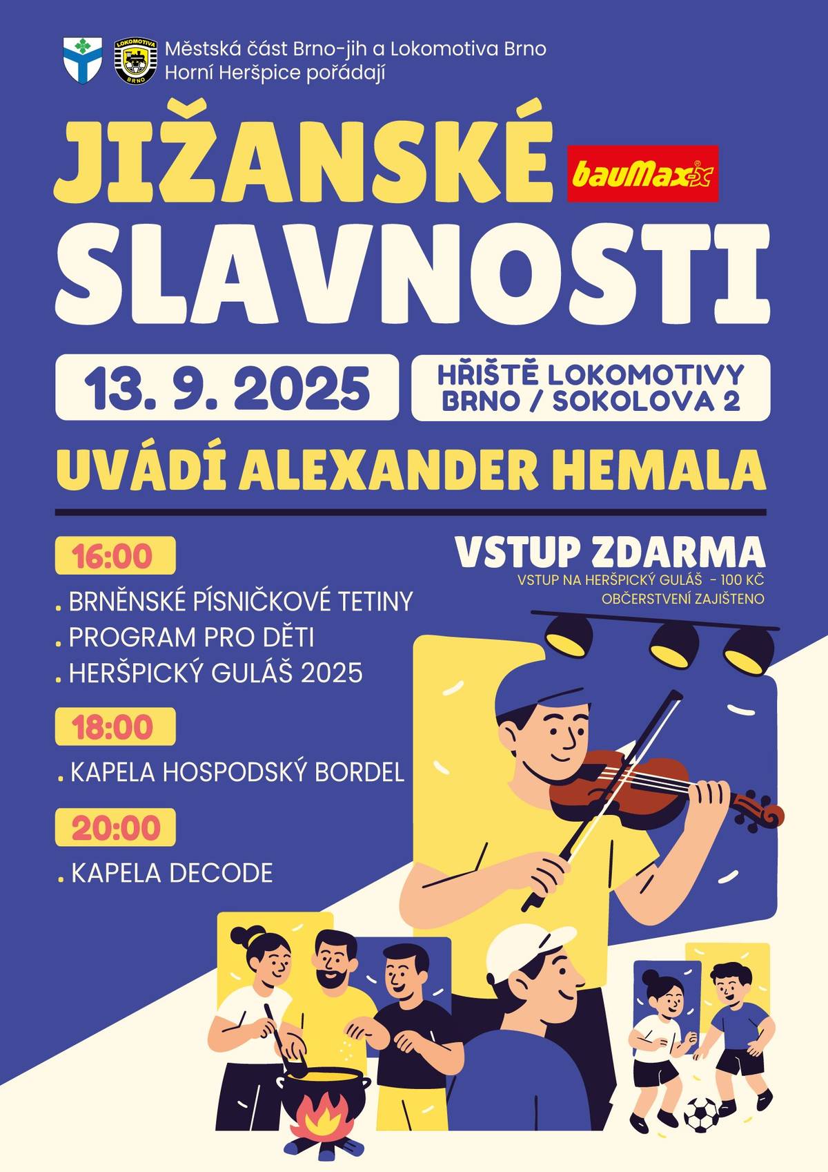 Gulášfest i v naší městské části v sobotu 13. září od 16h. Jižanské slavnosti letos zavítají do Horních Heršpic na hřiště Lokomotivy na ulici Sokolova. Poprvé se u nás uskuteční i soutěž o nejlepší Heršpický guláš. Vstup na akci je zdarma. Pokud však chcete ochutnat a ohodnotit nejlepší guláš, tak za 100kč dostanete tři žetony a "bezednou" misku s příborem. Sportovní klub nepřijímá platební karty, proto se prosíme vybavte hotovostí. Soutěžní týmy budou soutěžit o ceny. Odbornou cenu a cenu divácké poroty, kterou určíte právě vy všichni svým hlasováním. Těšíme se na setkání s vámi!