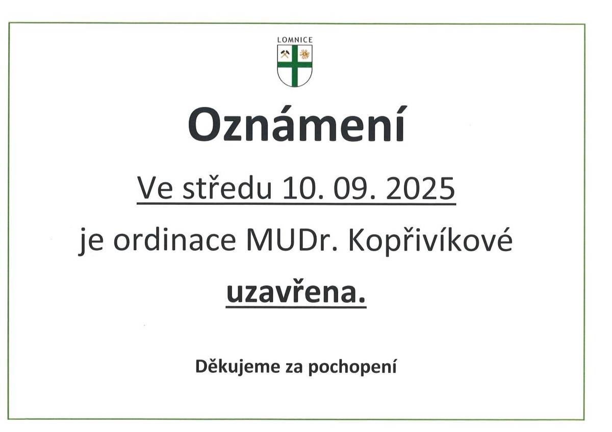 Ordinace MUDr. Kopřivíkové bude ve středu 10. září 2025 uzavřena. Děkujeme za pochopení.