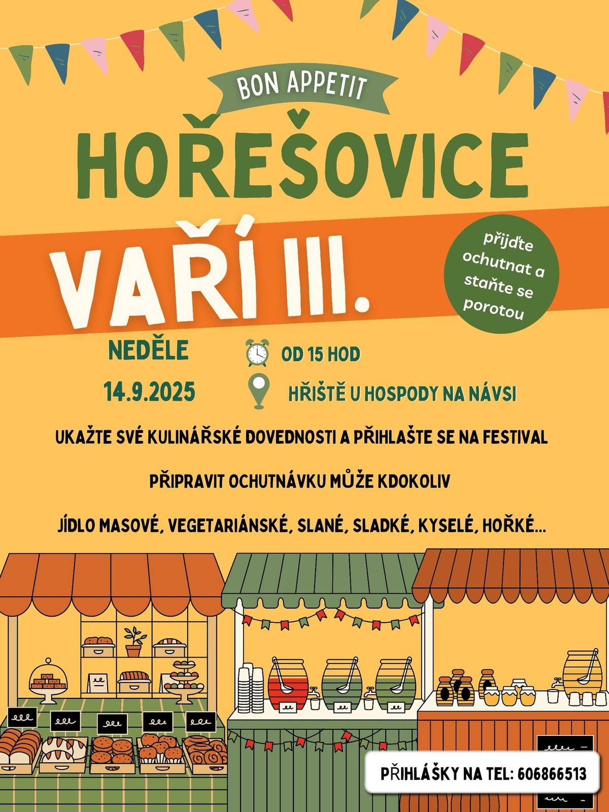 Těšíme se na všechny milovníky dobrého jídla na třetím ročníku našeho malého food festivalu. Přihlašovat se můžete pomocí telefonu 606866513 (L.Hadriková) , fb i osobně.