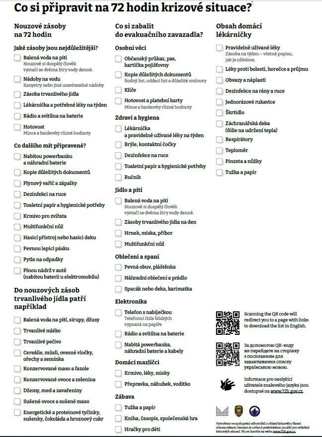 Proč 72 hodin? V České republice se setkáváme s mnoha mimořádnými událostmi, které mohou přerůst do krizových situací, jako jsou povodně, tornáda, požáry, bouře nebo výpadky základních služeb. Nedávný výpadek elektrického proudu na začátku července a povodně v roce 2024 ukázaly, jak rychle se může běžný život změnit. Pro mnoho zasažených rodin bývají v těchto krizových situacích nejtěžší první tři dny – tedy 72 hodin. „Během těchto 72 hodin můžeme čelit výpadkům vody, tepla, elektřiny či internetu. Proto je zásadní mít doma nouzové zásoby jídla, vody a přístup ke spolehlivým informacím, abychom věděli, co se kolem nás děje. Připravenost nám umožní ochránit nejen sebe, ale i své blízké. Vytvořeno ve spolupráci odborníků z oblasti krizového řízení a komunikace. Seznam je určen k praktickému použití pro zvládání krizových situací. Víc se dozvíte na webu http://www.72h.gov.cz   Jaké zásoby jsou nejdůležitější? Co dalšího mít připravené? Co si zabalit do evakuačního zavazadla? Obsah domácí lékárničky