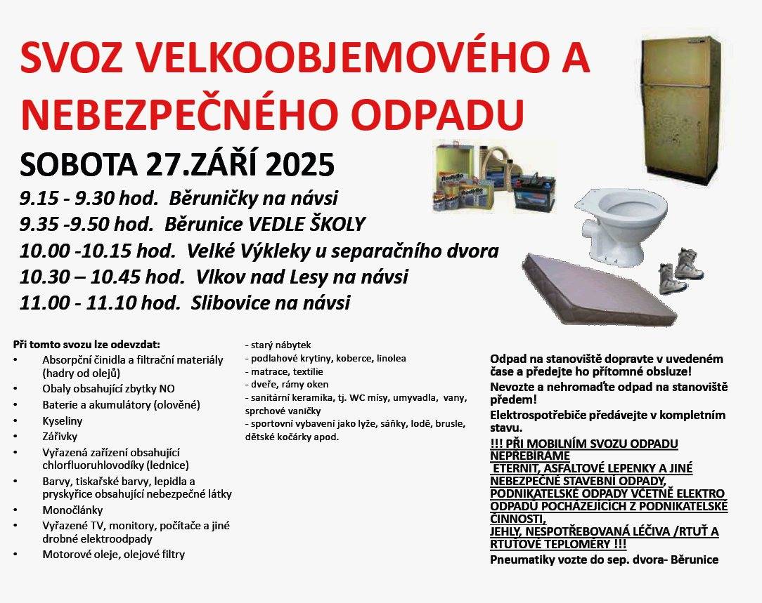 V sobotu 27. září 2025 proběhne svoz velkoobjemového a nebezpečného odpadu na několika stanovištích. Místní obyvatelé mohou odevzdat různé druhy odpadu, včetně elektrospotřebičů a nebezpečných látek.
