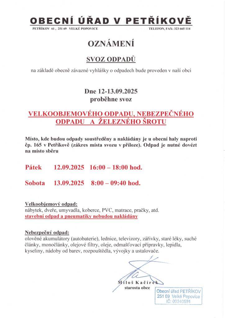 Oznámení o svozu velkoobjemového, nebezpečného odpadu a železného šrotu