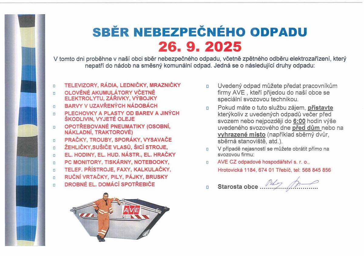 V naší obci dne 26.9.2025 proběhne sběr nebezpečného odpadu