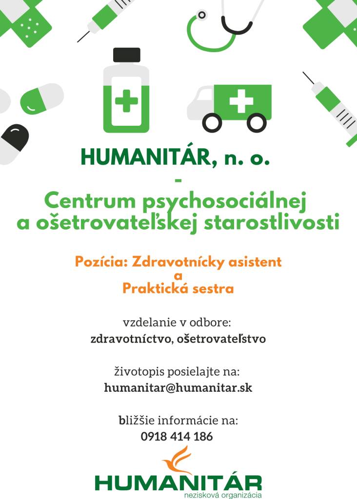 HUMANITÁR, nezisková organizácia prevádzkovateľ Domova sociálnych služieb, Špecializovaného zariadenia, Zariadenia pre seniorov, Denného stacionára a Špecializovaného sociálneho poradenstva, Probstnerova cesta 668/6 v Levoči  oznamuje ponuku voľných pracovných miest v zariadení.