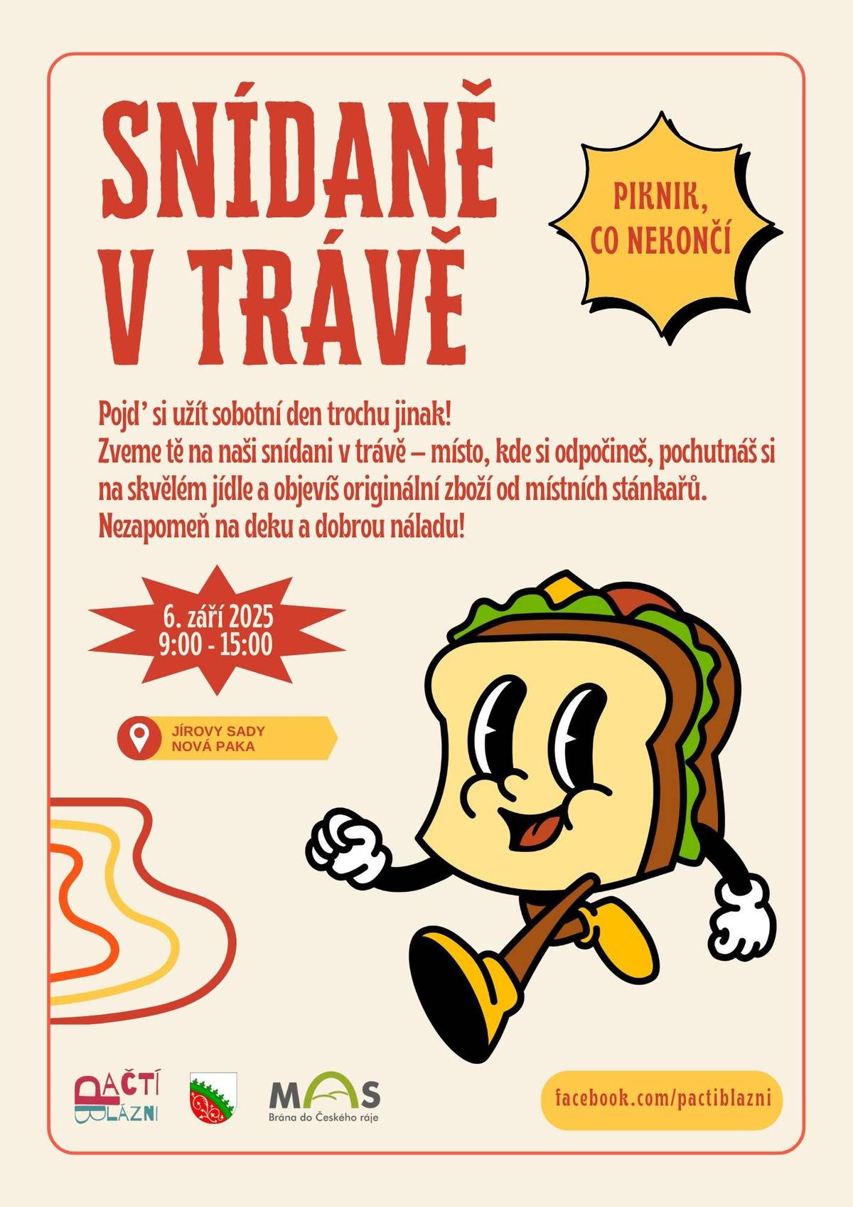 Pojď si užít sobotní den troch jinak! Pačtí blázni Tě zvou na další SNÍDANI V TRÁVĚ - místo kde si pochutnáš na skvělém jídle, odpočineš a objevíš zboží od místních stánkařů. 6. září, 9:00 - 15:00, Jírovy sady, N. Paka