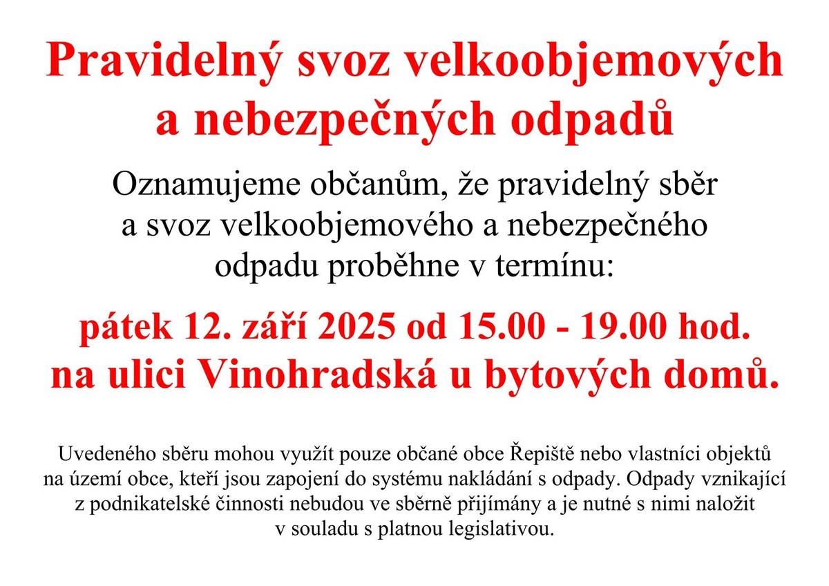 12.9.2025  Od 15.00 do 19.00 hod. na ulici Vinohradská u bytových domů.
