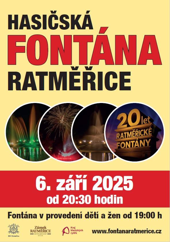 V sobotu 6. září proběhne 20. ročník ratměřické hasičské fontány, která je největší akcí v naší obci. Všechny technické a organizační informace najdete v pokračování článku.   Těšíme se na vaší návštěvu a jistě nezapomenutelný večer.