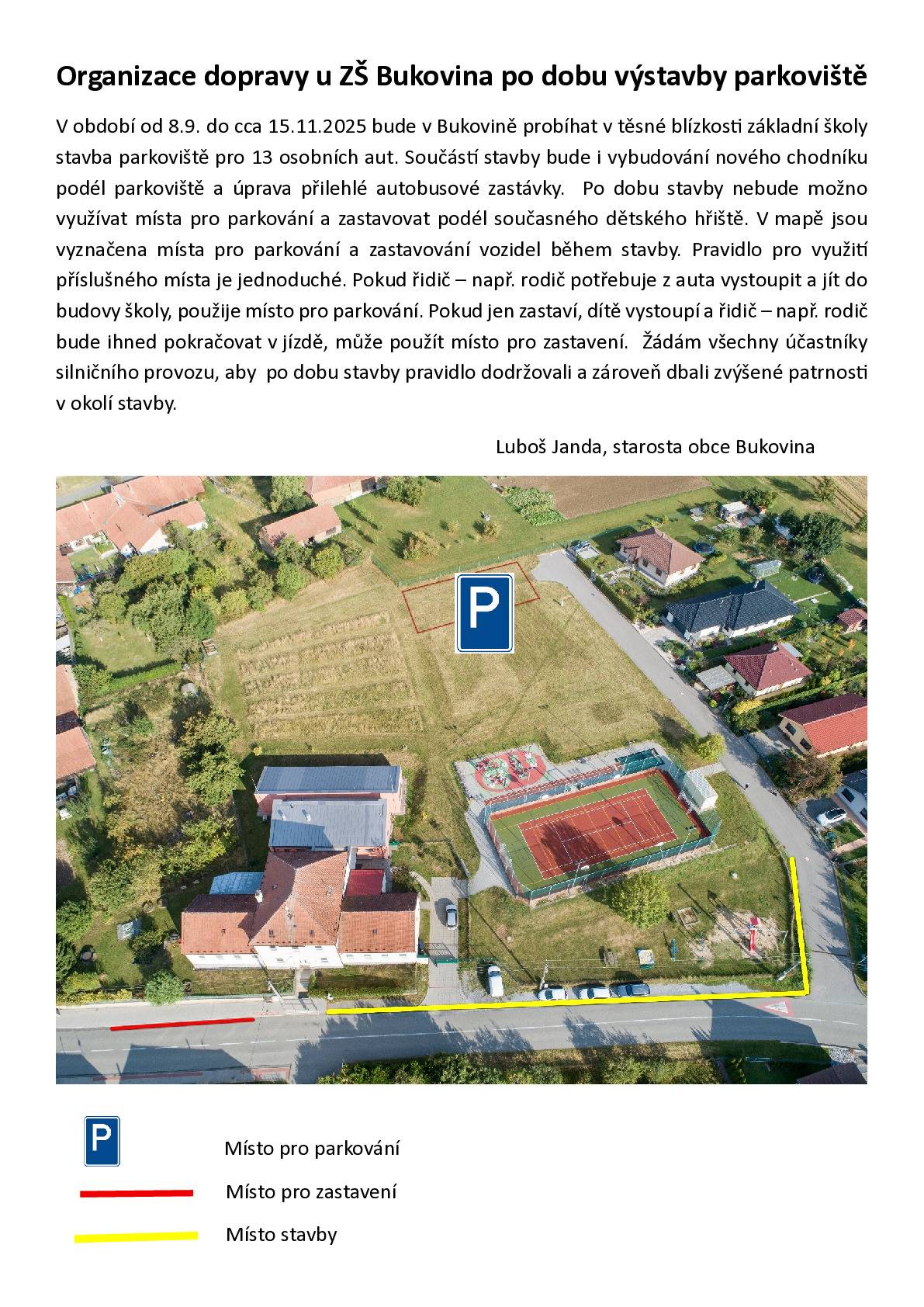 Výstavba parkoviště u ZŠ Bukovina