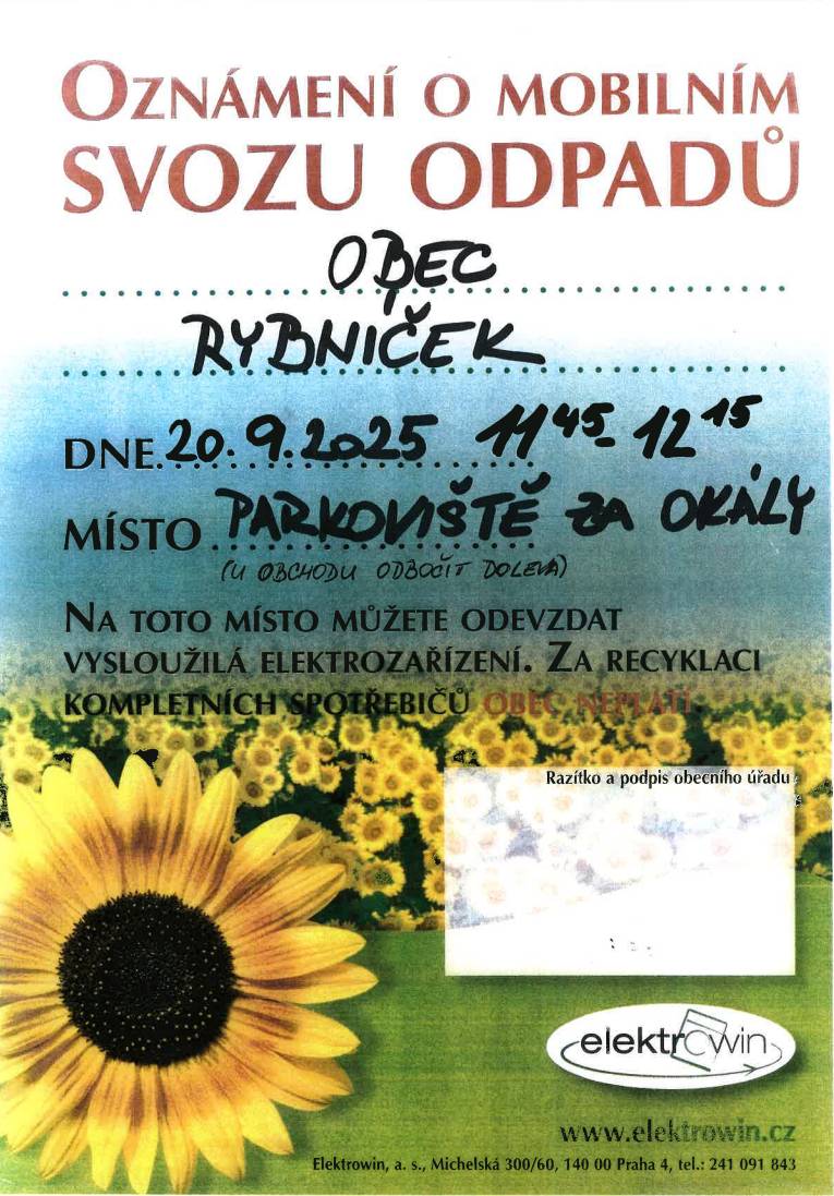 Respono, a.s. ve spolupráci s obecním úřadem pro Vás zajistili Sběr a odvoz nebezpečného odpadu a elektrozařízení.  Uskuteční se 20.9.2025 od 11:45 do 12:15 hodin na parkovišti za Okály. Podrobnosti v příloze.