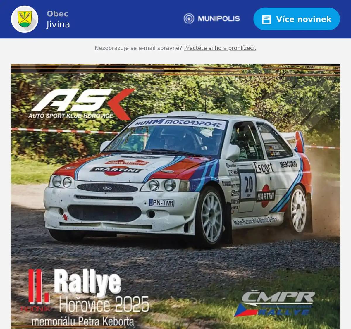 Vážení občané, v pátek 12.9 a v sobotu 13.9 se na Hořovicku uskuteční II. ročník Rallye Hořovice 2025 - memoriál P. Keborta. Přes naši obec se v sobotu 13.9 jedou rychlostní zkoušky (RZ) č. 7, 9, 11 a 13, viz. příloha "Harmonogram_sobota.pdf" Mezi jednotlivými RZ bude komunikace otevřena pro běžný provoz. 